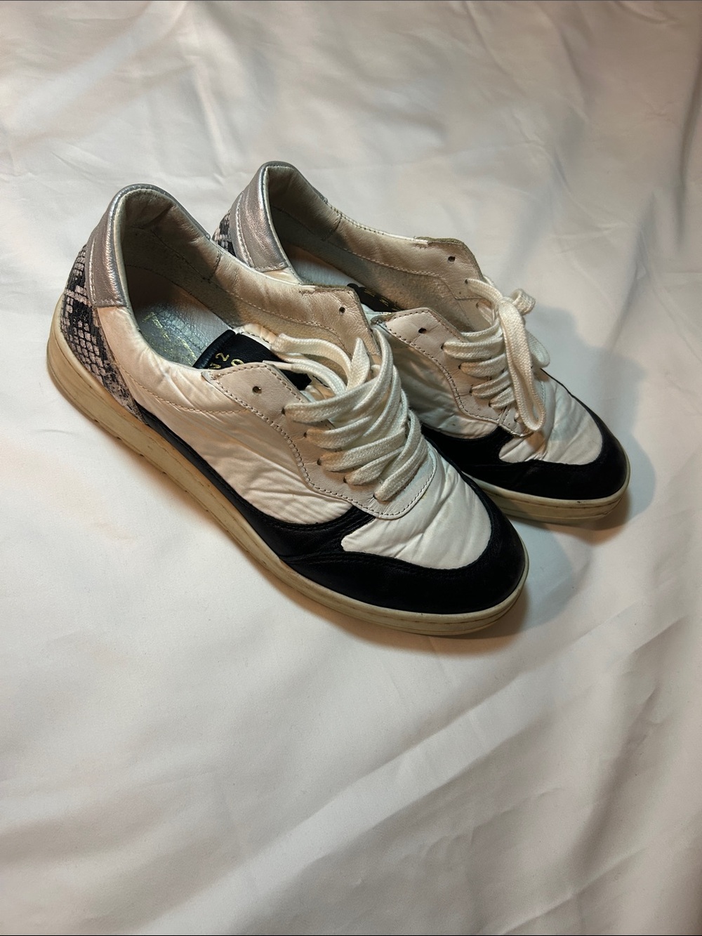 Miz Mooz White and Black Lace-Up Sneakers with Snakeskin Accent